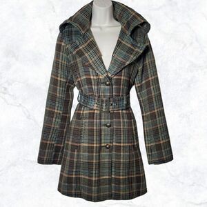 B.B Dakota Plaid Belted Green & Orange Double Breasted Wool Blend Peacoat
